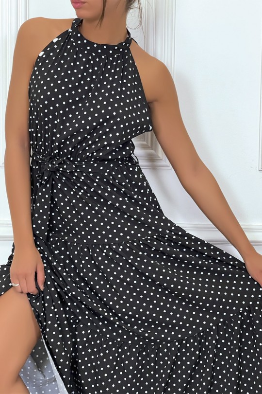 Long black flounce dress with small white polka dots with belt - 3