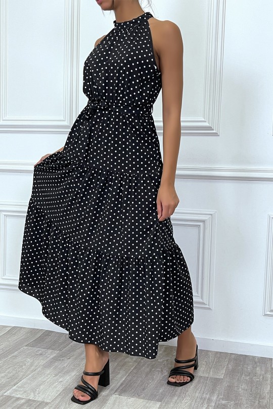 Long black flounce dress with small white polka dots with belt - 4