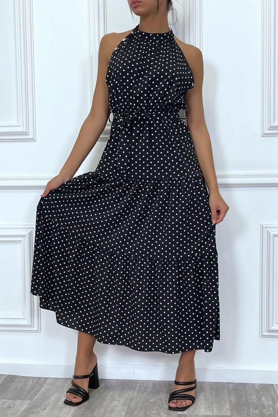 Long black flounce dress with small white polka dots with belt - 5