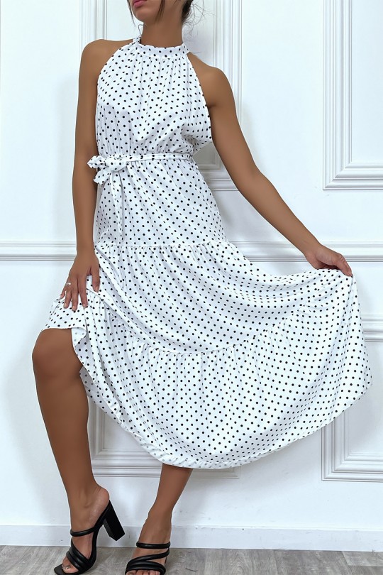 Lange witte ruches jurk met kleine witte stippen met riem - 3