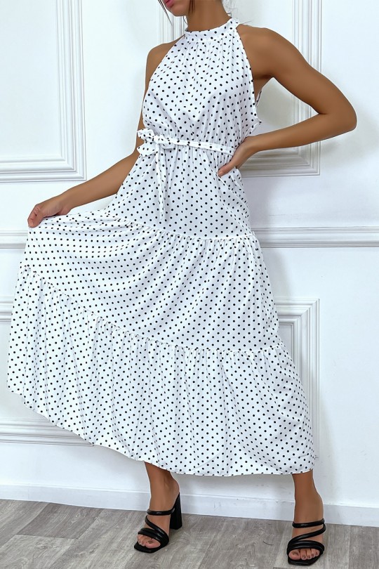 Long white ruffle dress with small white polka dots with belt - 4