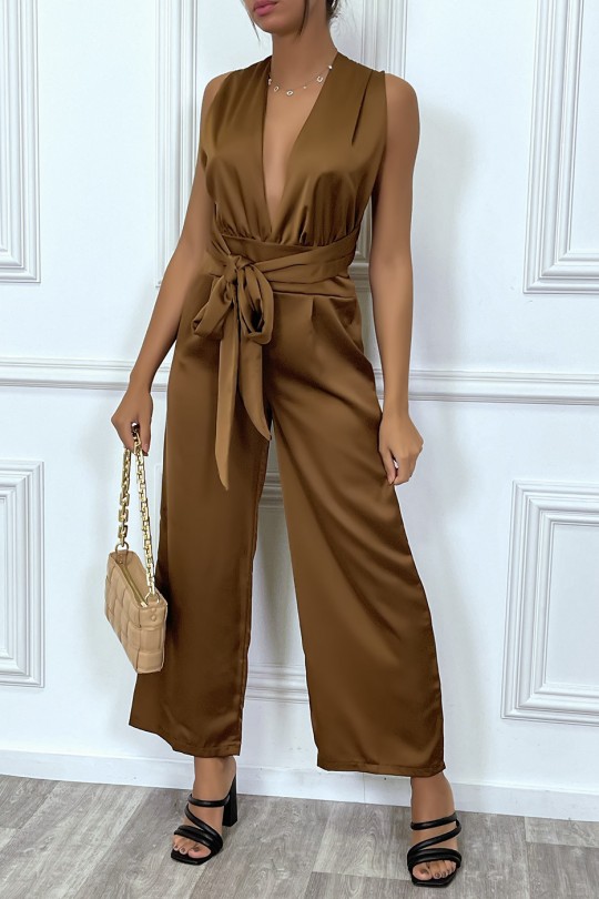 Satin brown jumpsuit with plunging neck and adjustable tie at the back - 1