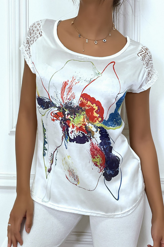 Flowing white t-shirt, satin material on the front, with colored flower print - 5100 - 1