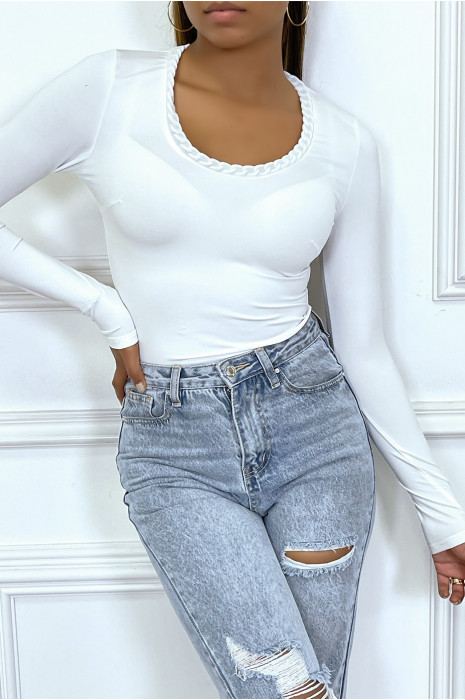 Haut Femme Col Bateau Manches Longues - T-shirt Décontracté Couleur Unie, Blanc - Vêtement Basique Automne
