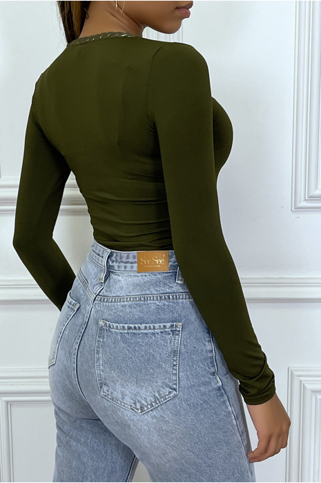 Khaki long-sleeved chain-collar T-shirt - 1