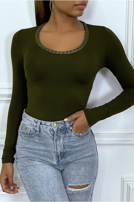 Khaki long-sleeved chain-collar T-shirt - 2