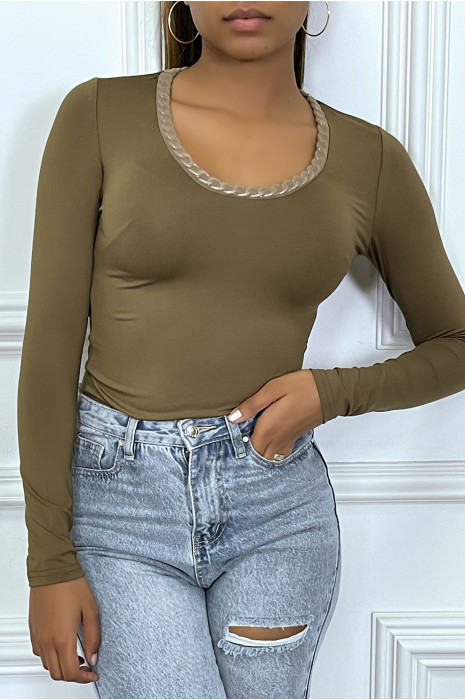 Taupe T-shirt met lange mouwen en kettingkraag - 3