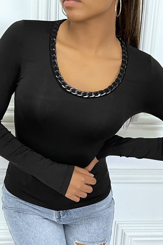 Black long-sleeved chain-collar T-shirt - 1