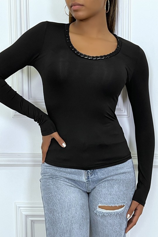 Black long-sleeved chain-collar T-shirt - 3