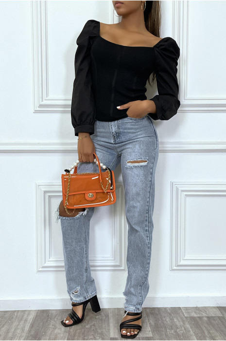 Haut noir style corset à manches bouffantes - 1