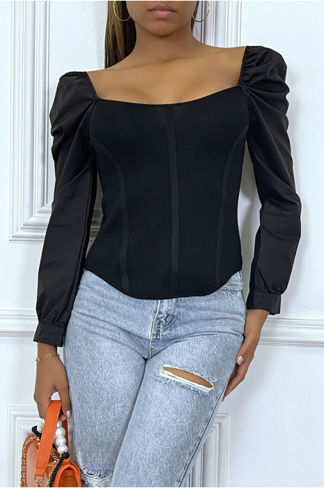 Haut noir style corset à manches bouffantes - 3