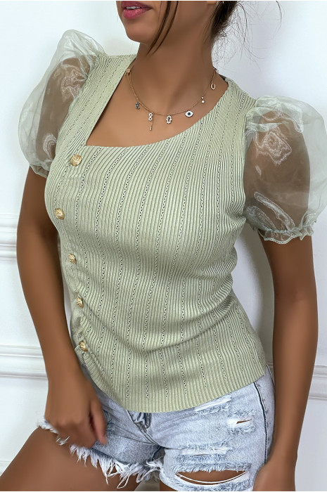 Haut vert d'eau à manches bouffantes et boutons doré - 2