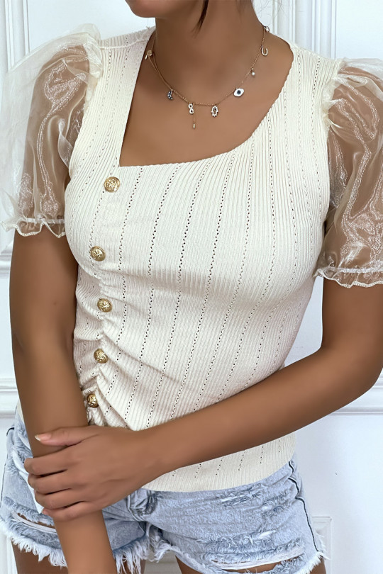 Beige top with puffed sleeves and gold buttons - 2