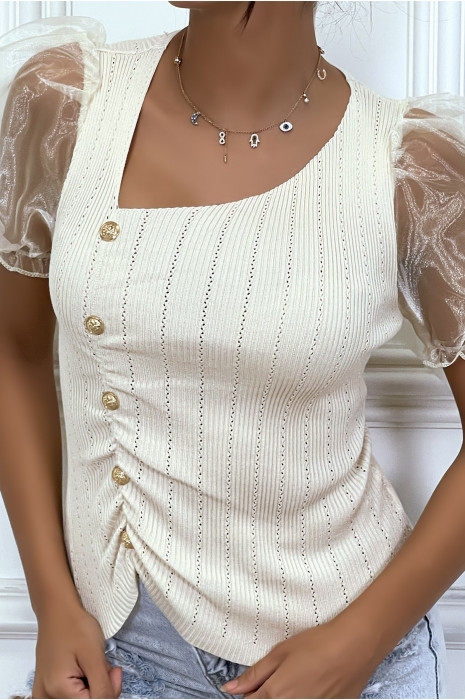 Haut beige à manches bouffantes et boutons doré - 4