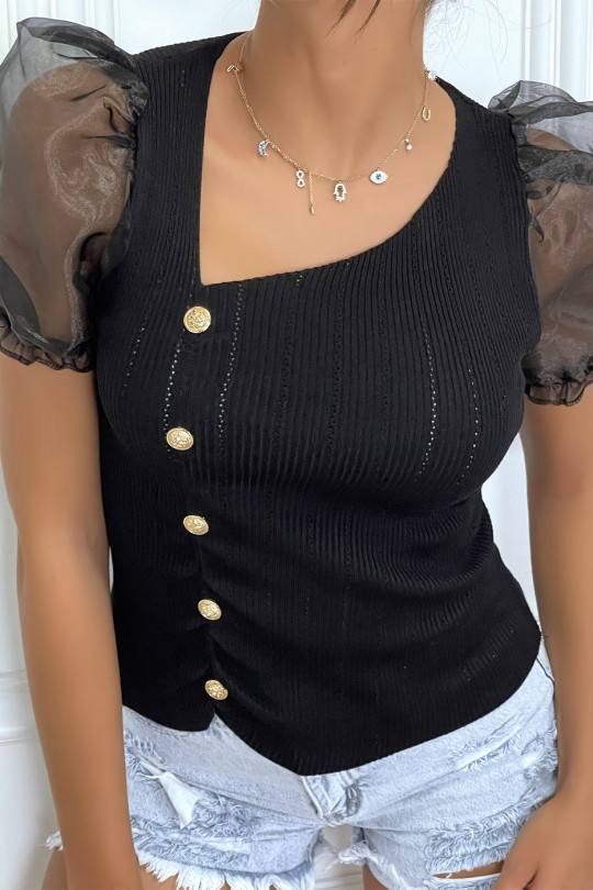 Black puff sleeve top with gold buttons - 2