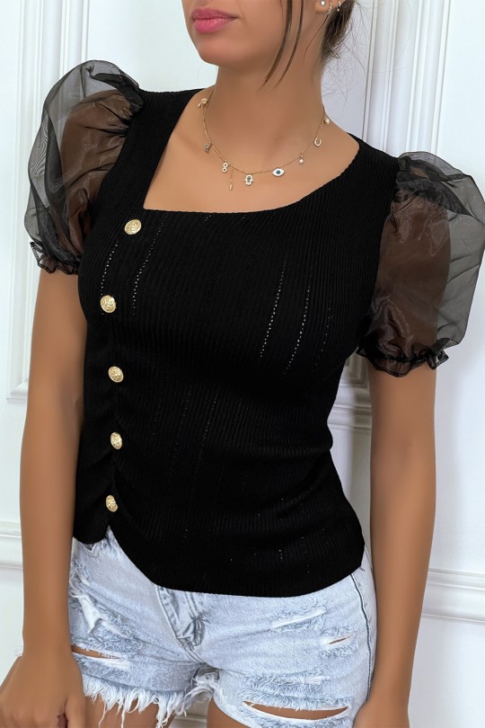 Black puff sleeve top with gold buttons - 4