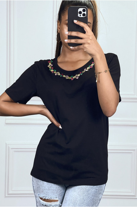 Tee-shirt noir avec strass multicolor au col - 1