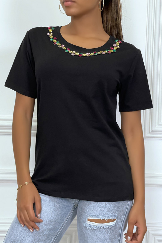 Tee-shirt noir avec strass multicolor au col - 2
