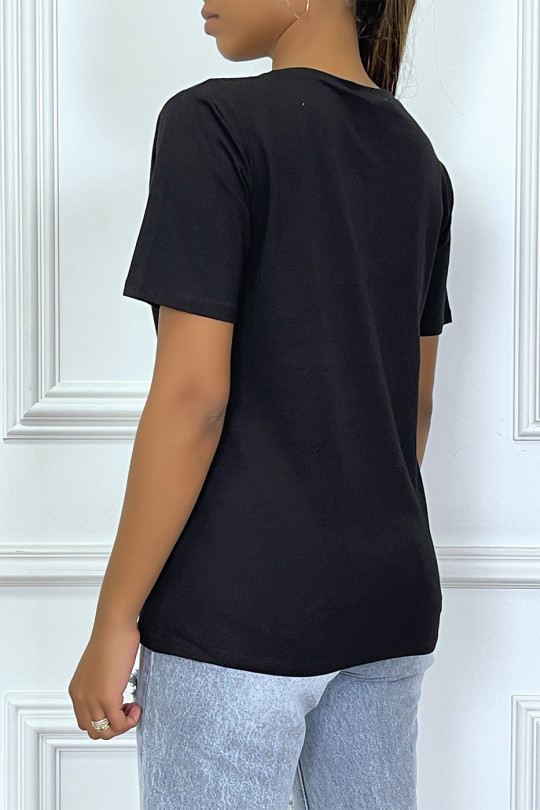 Tee-shirt noir avec strass multicolor au col - 4