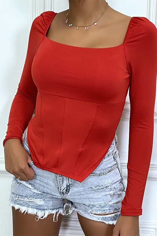 Rood T-shirt met lange mouwen en vierkante hals en lange mouwen - 3