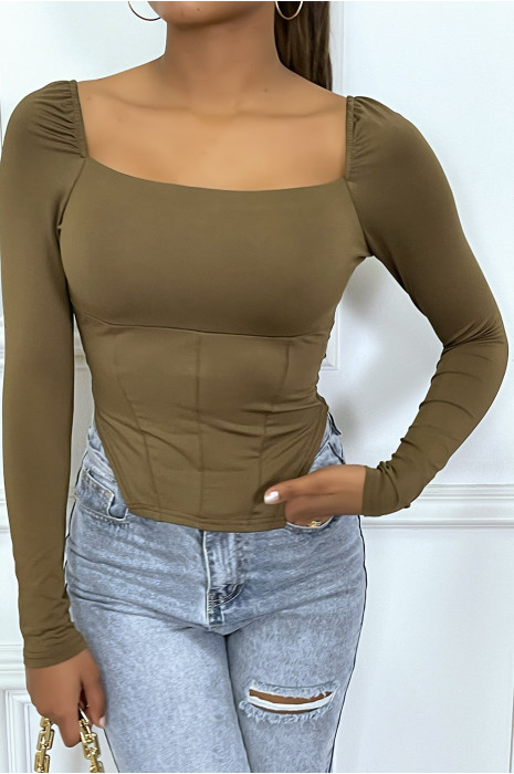 Taupe Full Body T-shirt met vierkante hals en lange mouwen - 1