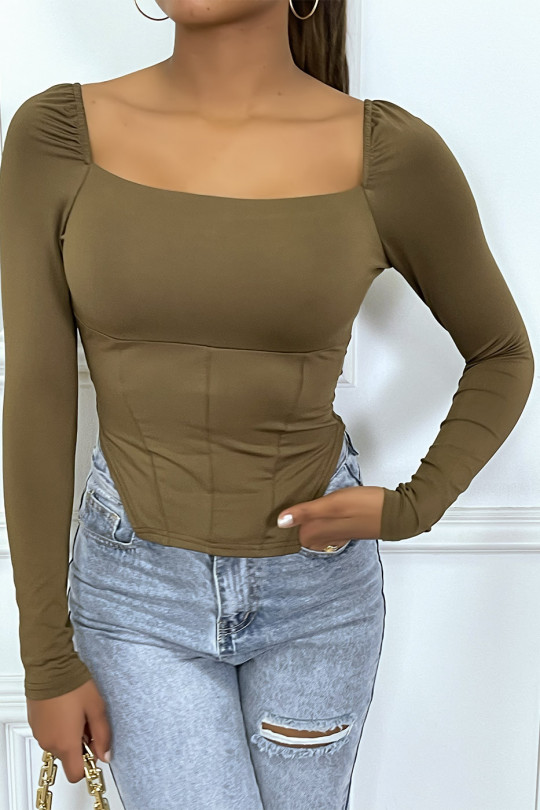 Taupe Full Body Square Neck Long Sleeve T-Shirt - 1