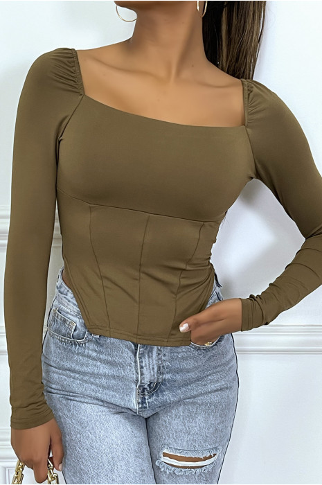 T-shirt manches longues taupe à style corsé à col carré - 2