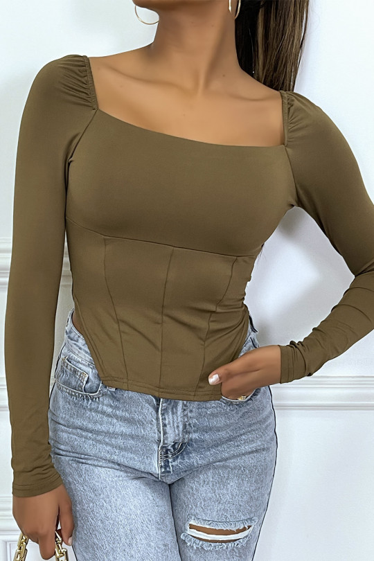 Taupe Full Body Square Neck Long Sleeve T-Shirt - 2