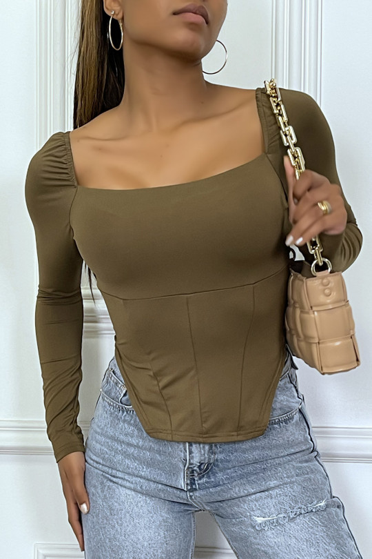 Taupe Full Body Square Neck Long Sleeve T-Shirt - 4
