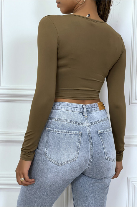 Kort kaki T-shirt met lange mouwen en beugel op de borst - 1