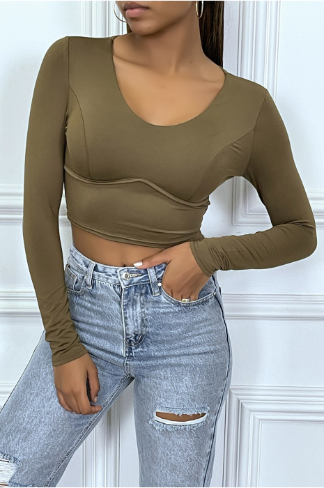 Cropped taupe long-sleeved T-shirt with chest underwire - 3