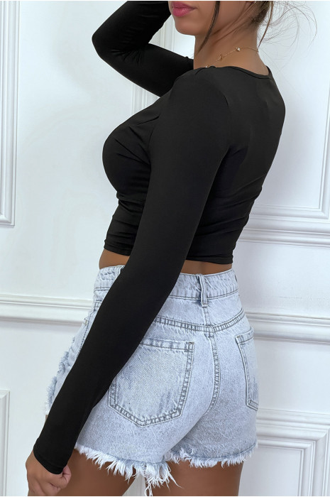 Kort zwart T-shirt met lange mouwen en beugel op de borst - 3