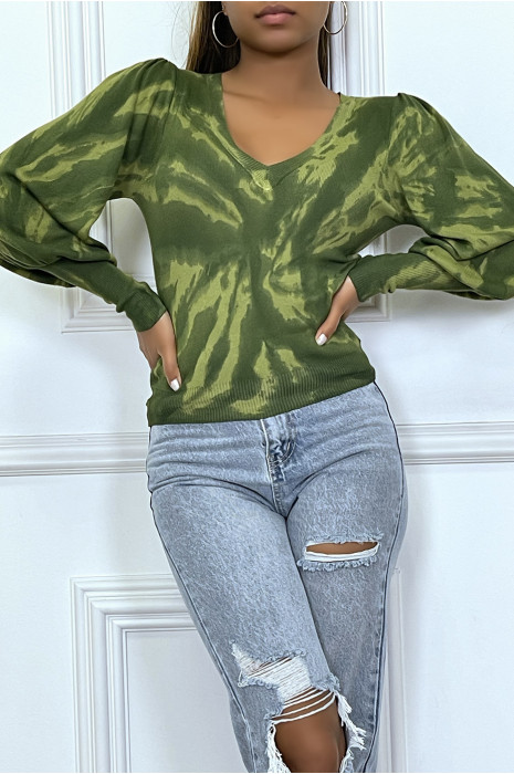 Pull tye and dye vert kaki à manches bouffantes - 1