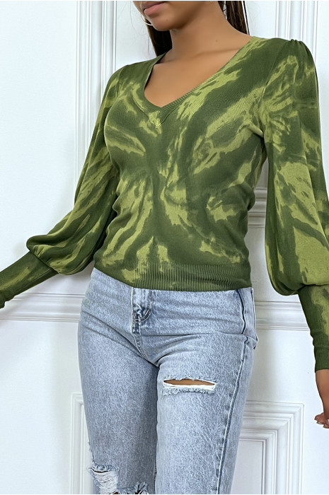 Pull tye and dye vert kaki à manches bouffantes - 2