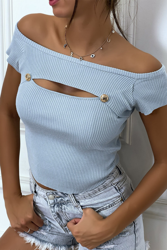 Blue strapless t-shirt with chest slit - 4