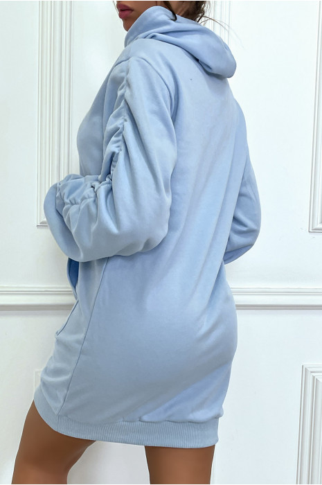 Long sweat capuche bleu  à manches bouffantes et froncées - 4