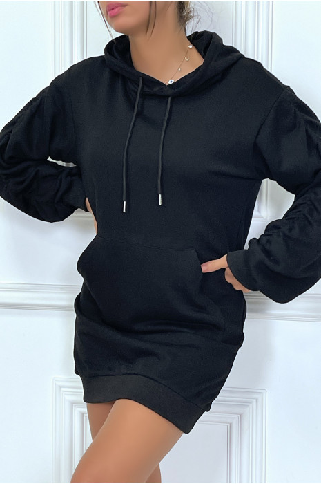 Long sweat capuche noir à manches bouffantes et froncées - 1