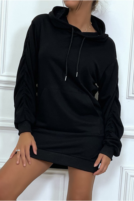 Long sweat capuche noir  à manches bouffantes et froncées - 2