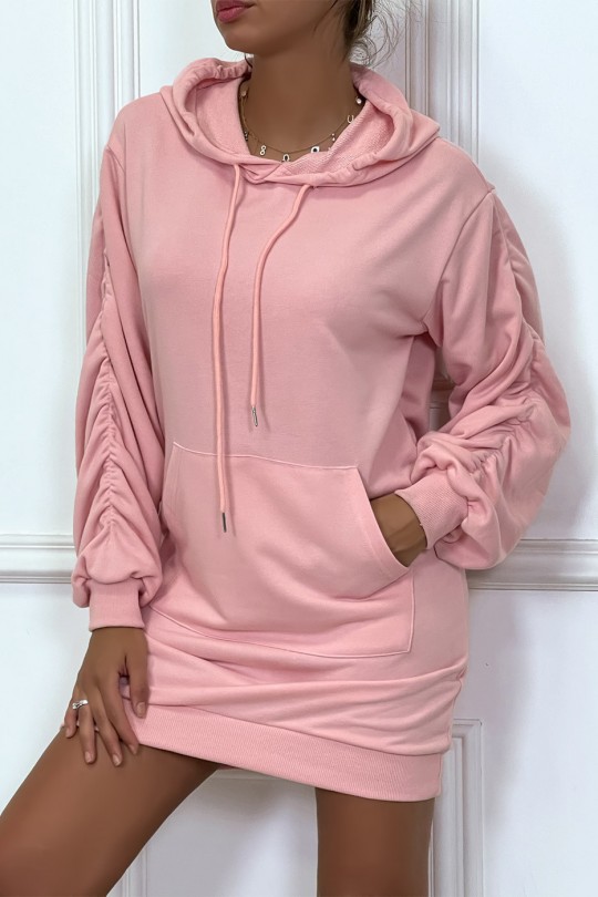Long pink hooded sweatshirt with puffed and gathered sleeves - 1
