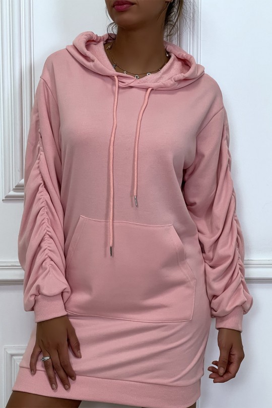 Long pink hooded sweatshirt with puffed and gathered sleeves - 3