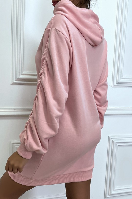 Long pink hooded sweatshirt with puffed and gathered sleeves - 4