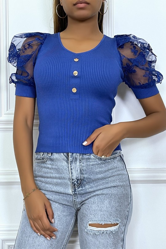 Royal puff sleeve top in lace with v-neck and buttons - 4