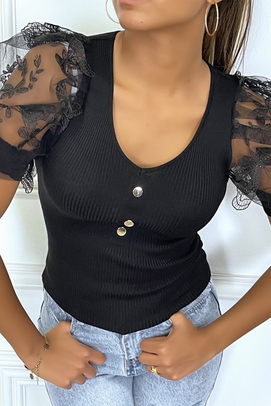 Black lace puff sleeve top with v-neck and buttons - 1