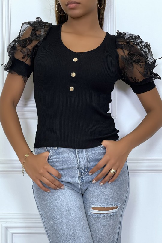 Black lace puff sleeve top with v-neck and buttons - 4