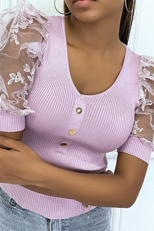 Lilac lace puff sleeve top with v-neck and buttons - 1