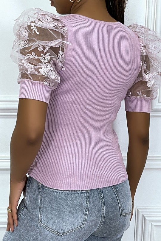 Lilac lace puff sleeve top with v-neck and buttons - 3