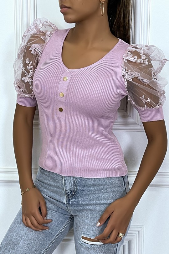 Lilac lace puff sleeve top with v-neck and buttons - 4