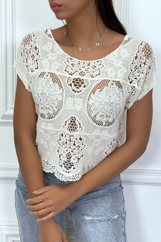 Beige embroidered fine-knit top - 2