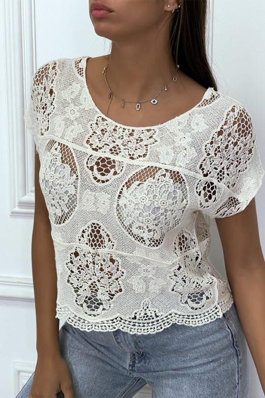 Beige embroidered fine-knit top - 3