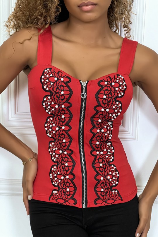 Haut style bustier rouge à zip avec dessins et perles - 1
